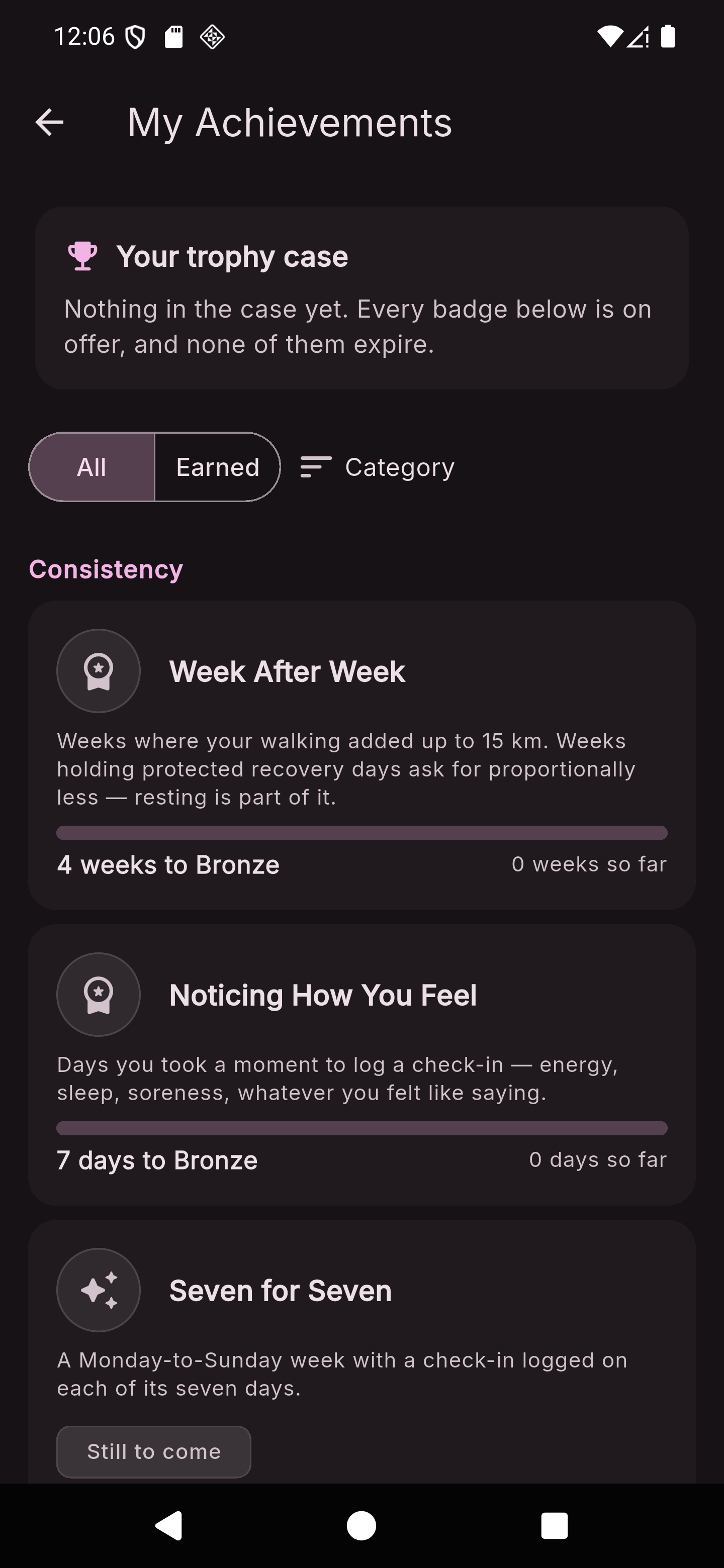 The FemFit Achievements screen in dark theme, headed "My Achievements", showing a trophy case card, All and Earned tabs, a Category sort control, and badge cards for Week After Week, Noticing How You Feel and Seven for Seven with their progress toward Bronze.